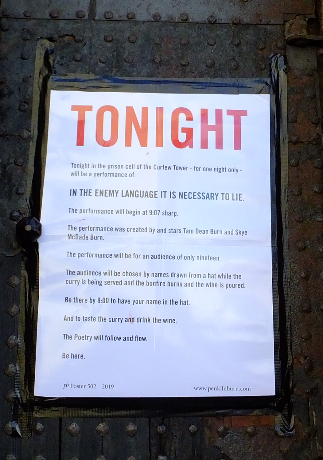 Poster for Tam Dean Burn and Skye McDade-Burn on the door of the Curfew Tower