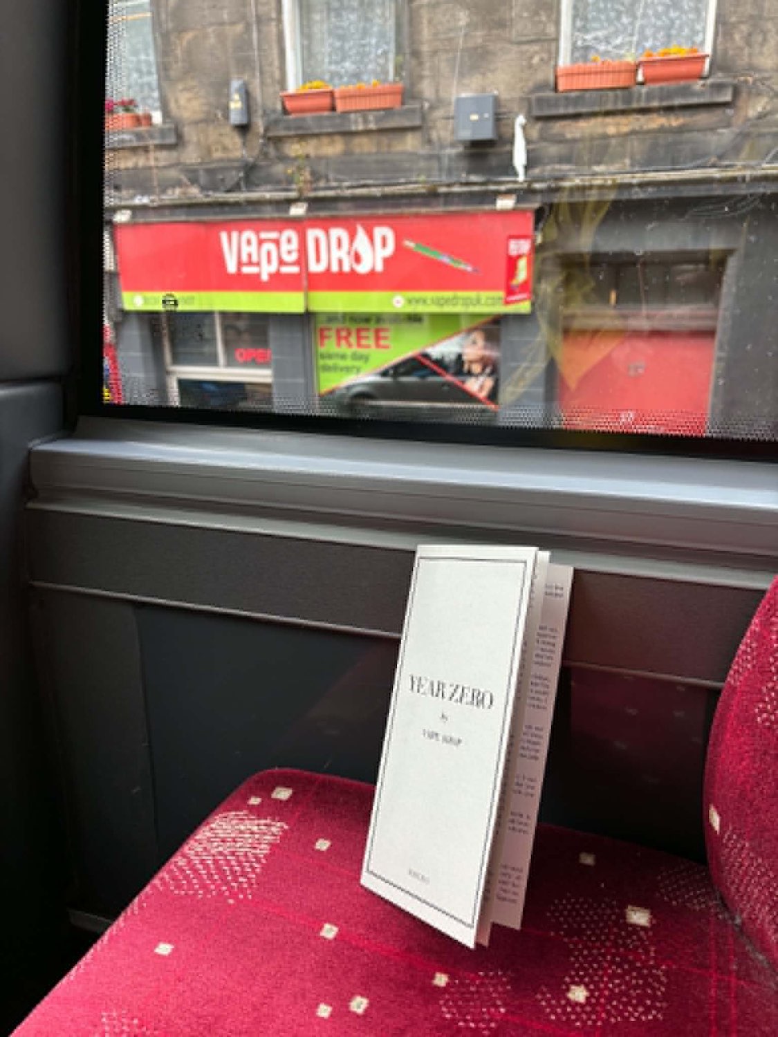 pamphlet on bus seat