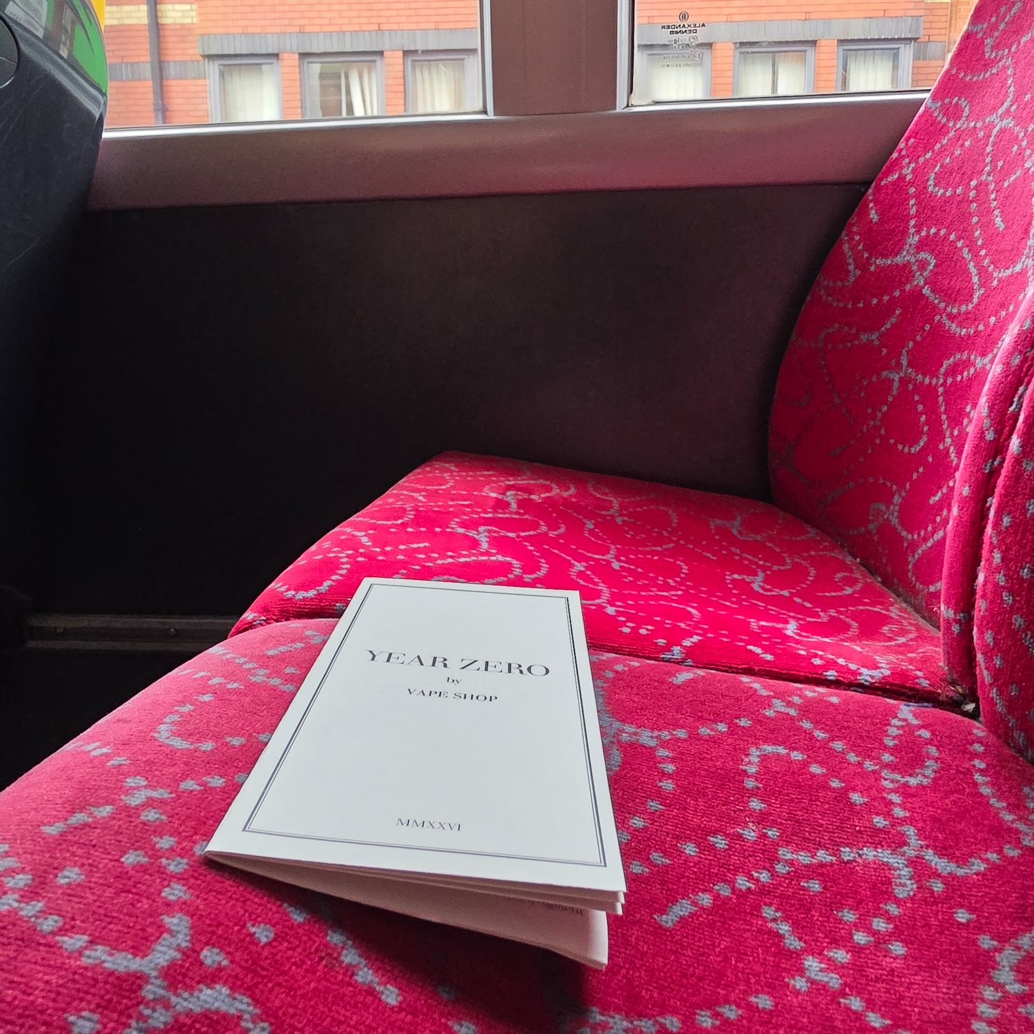 pamphlet on bus seat